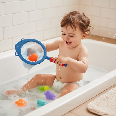 bebe assis baignoire joue jouet de bain bebe filet bleu
