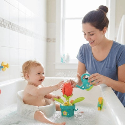 bebe assis bain regarde maman verser eau jouet baignoire bebe