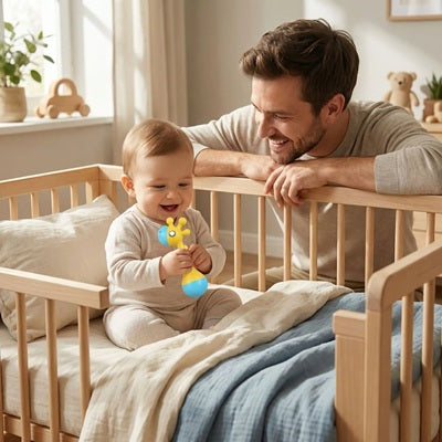 bebe assis berceau joue hochet bebe papa regarde bebe sourit