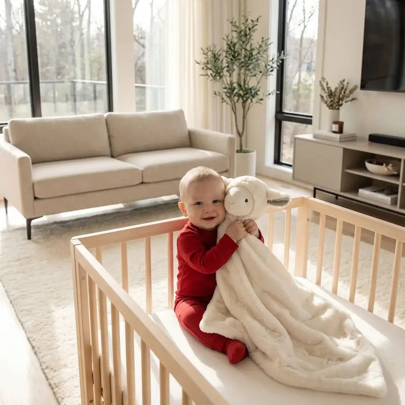 bébé assis berceau tient doudou pour bebe agneau blanc