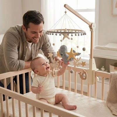 bebe assis berceau touche mobile bebe baleine papa souriant regarde