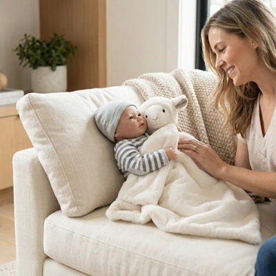 bebe assis canape avec doudou pour bebe agneau maman sourit