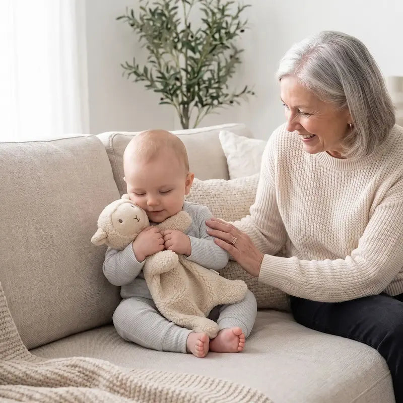 bébé assis canapé avec mamie câline doudou bebe agneau