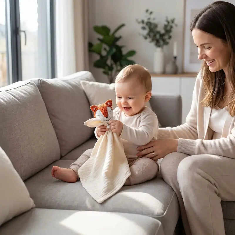 bébé assis canapé joue doudou bébé maman surveille bébé