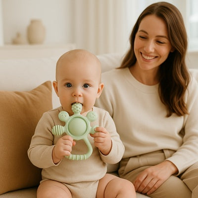 bebe assis canape mord anneau de dentition vert maman sourit