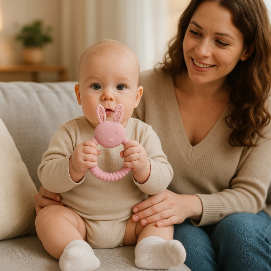 bebe assis canape tient anneau de dentition lapin maman regarde
