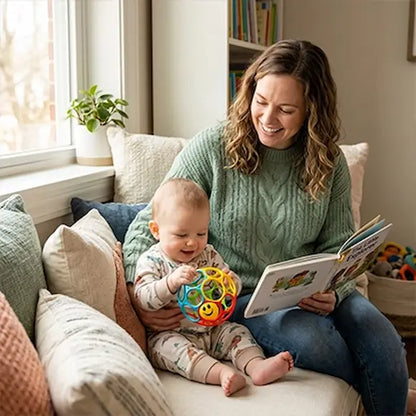 bébé assis canapé tient balle sensorielle bebe maman assis lit