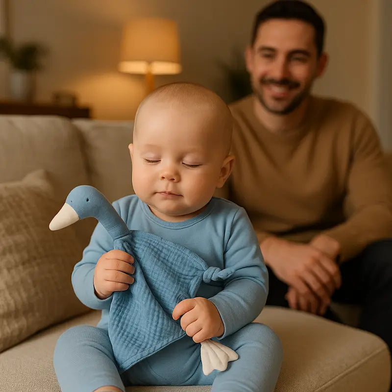 bébé assis canapé tient doudou bébé papa sourit
