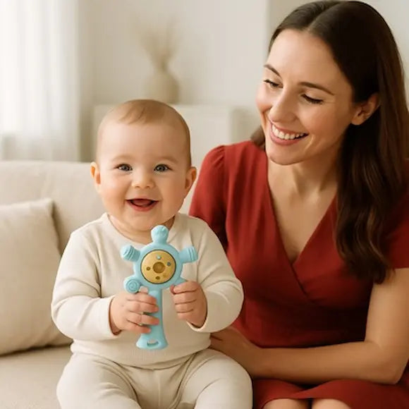 bébé assis canapé tient hochet bebe bleu
