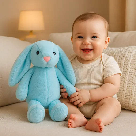 bébé assis canapé tient peluche bebe lapin bleu