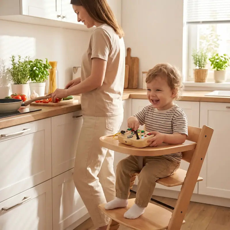 bebe assis chaise hause joue busy board bebe maman cuisine