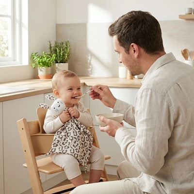 bebe assis chaise haute caline doudou bebe papa donne repas