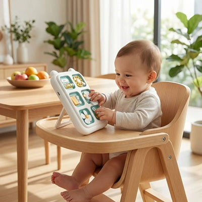 bebe assis chaise haute joue avec busy board vert