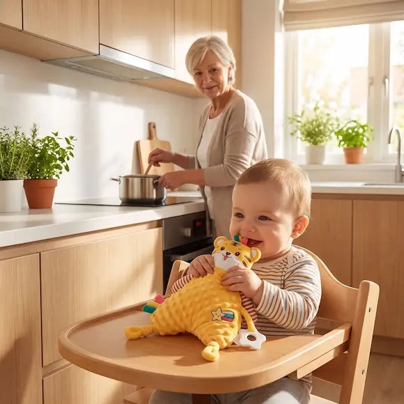bébé assis chaise haute joue doudou bebe mamie cuisine