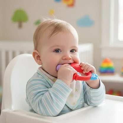 bébé assis chaise haute mord anneau dentition bebe perroquet rouge