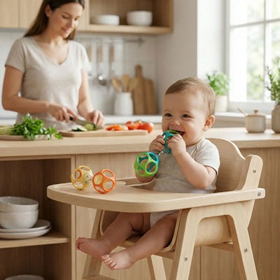bebe assis chaise haute mordille hochet vert maman cuisine
