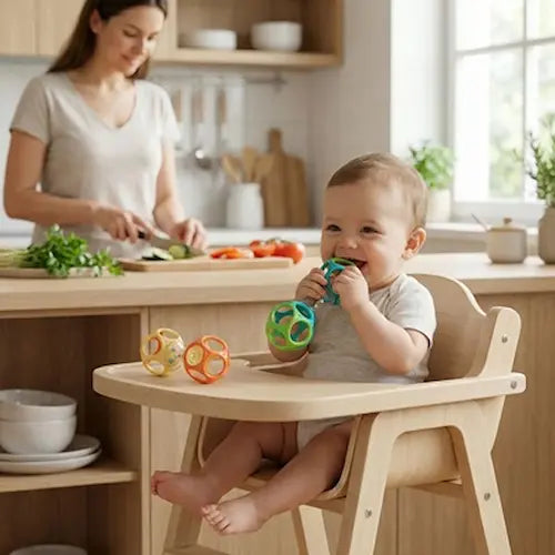bébé assis chaise haute mordille hochet vert maman cuisine