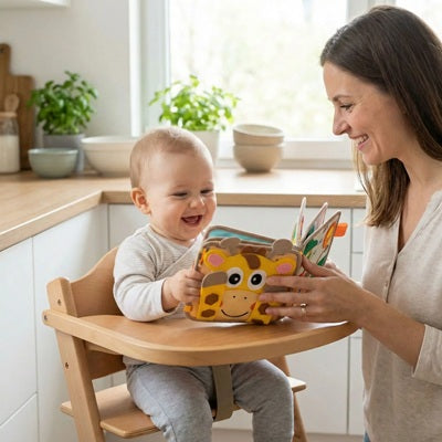 bebe assis chaise haute regarde livre pour bebe avec maman