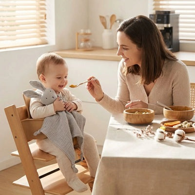 bebe assis chaise haute sert doudou lapin maman donne repas