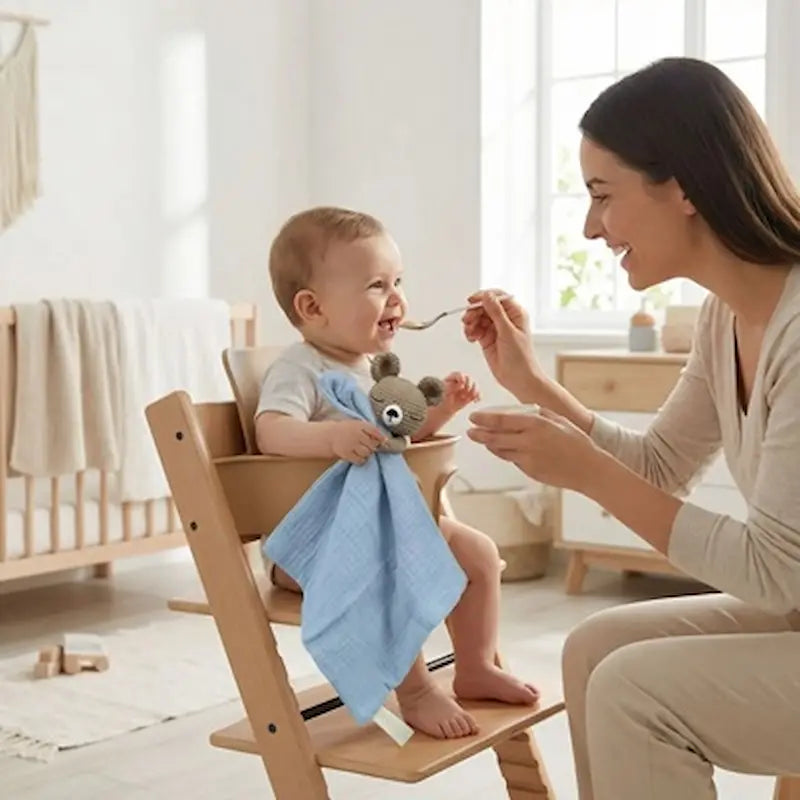 bébé assis chaise haute tient doudou bébé maman donne repas