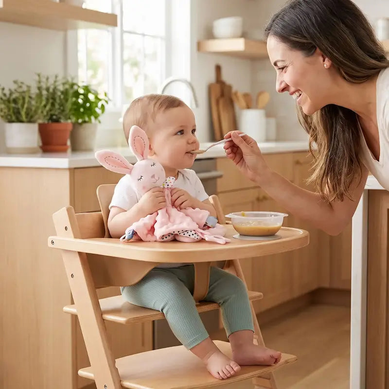 bébé assis chaise haute tient doudou lapin maman donne repas