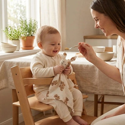 bebe assis chaise haute tient doudou naissance maman donne repas