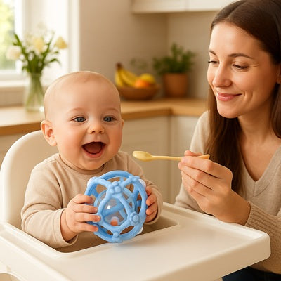 bebe assis chaise haute tient hochet bebe maman donne repas