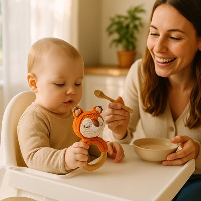 bebe assis chaise haute tient hochet bebe renard maman sourit