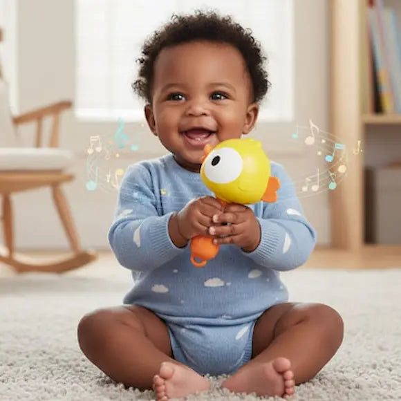bébé assis chambre tient hochet pour bebe poussin