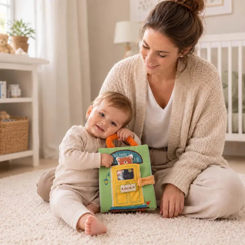 bébé assis contre maman tient lance livre bebe en tissus