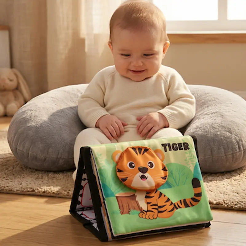 bebe assis coussin devant livre bebe en tissus triangulaire