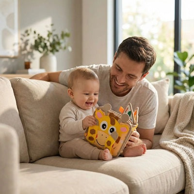 bebe assis dans canape avec papa regarde livre pour bebe