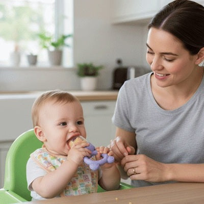 bebe assis dans chaise haute mange grignoteuse bebe maman surveille