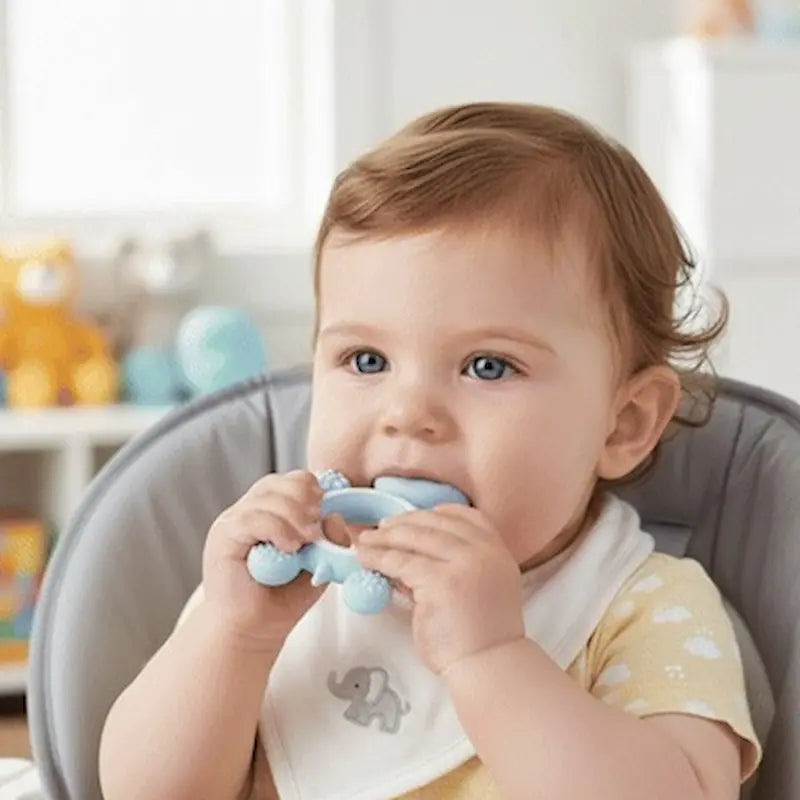 bébé assis dans chaise haute mord anneau dentition bebe