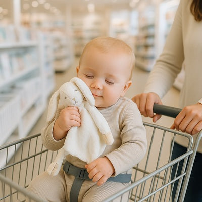 bebe assis dans chariot course tient doudou bebe