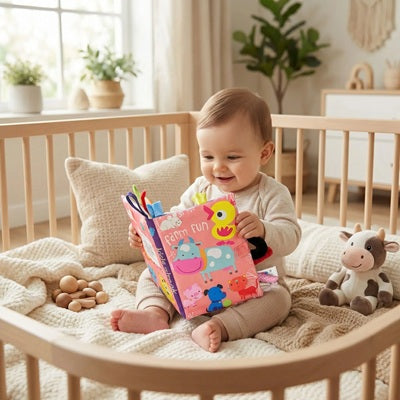 bebe assis dans parc regarde livre bebe en tissus