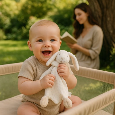 bebe assis dans parc tient doudou bebe lapin
