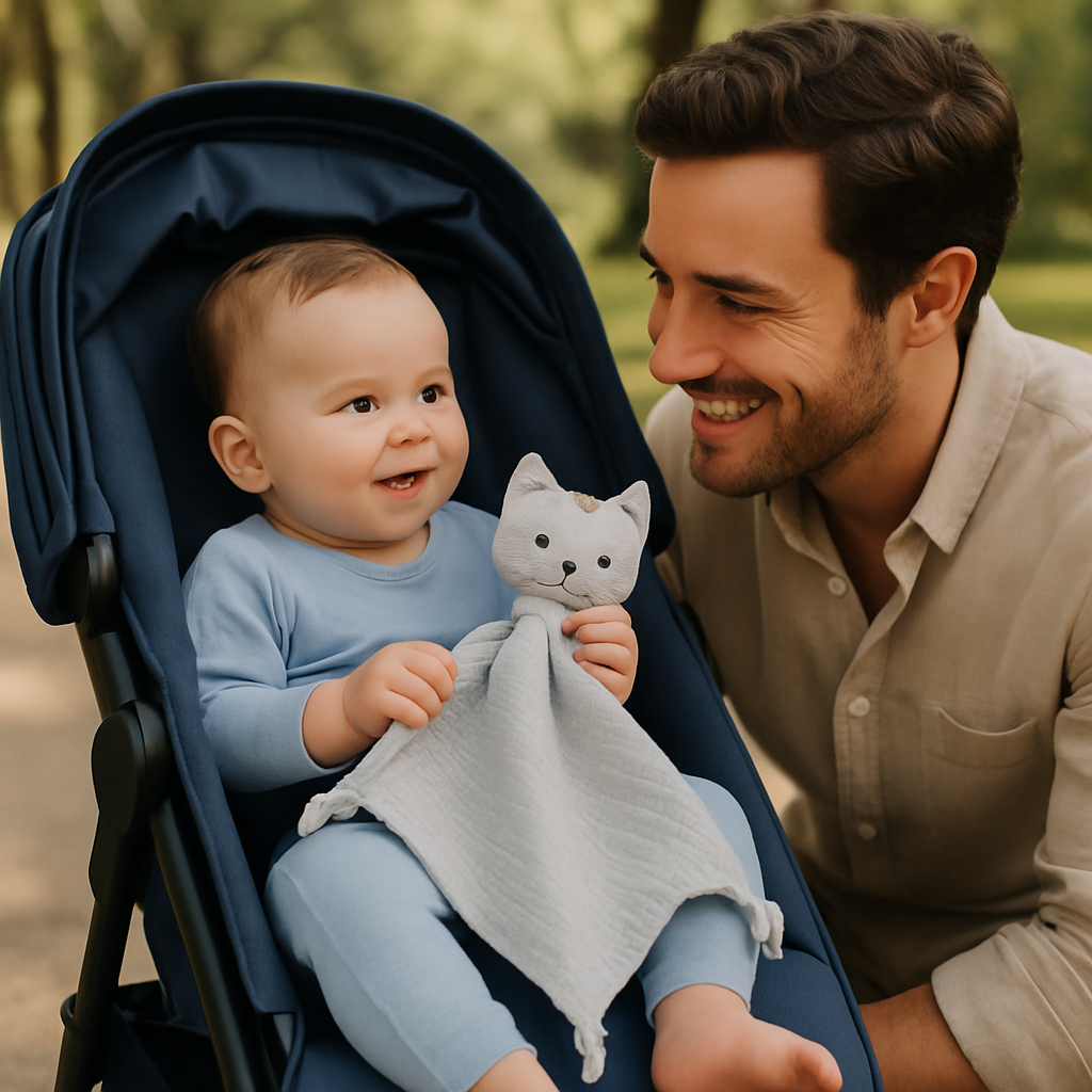 bébé assis dans poussette bleue avec doudou pour bebe dans main papa prés poussette