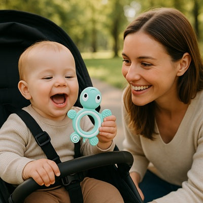 bebe assis dans poussette tient anneau dentition bebe maman sourit