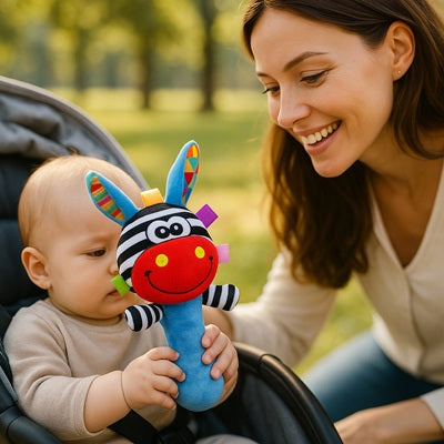 bebe assis dans poussette tient hochet bebe maman sourit bebe