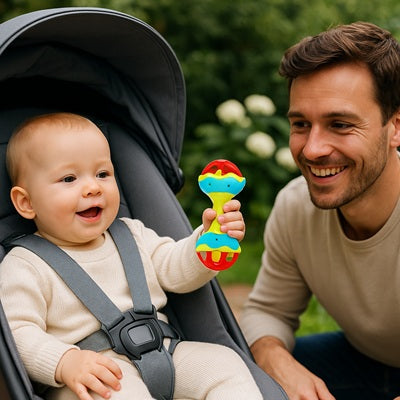 bebe assis dans poussette tient hochet bebe papa accroupi joyeux