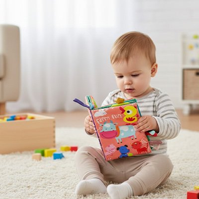 bebe assis decouvre livre bebe en tissus vache