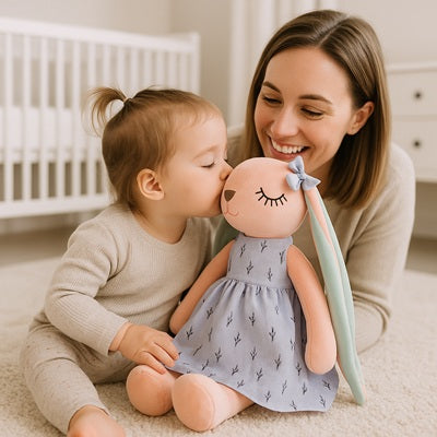 bebe assis donne bisou peluche lapin maman sourit