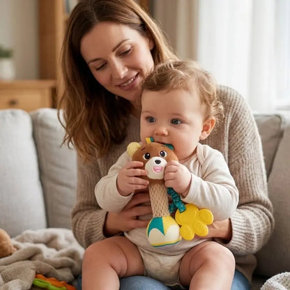 bébé assis genou maman mord hochet bébé ours
