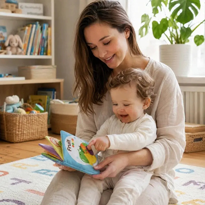 bébé assis genou maman regarde livre bebe en tissus fruit