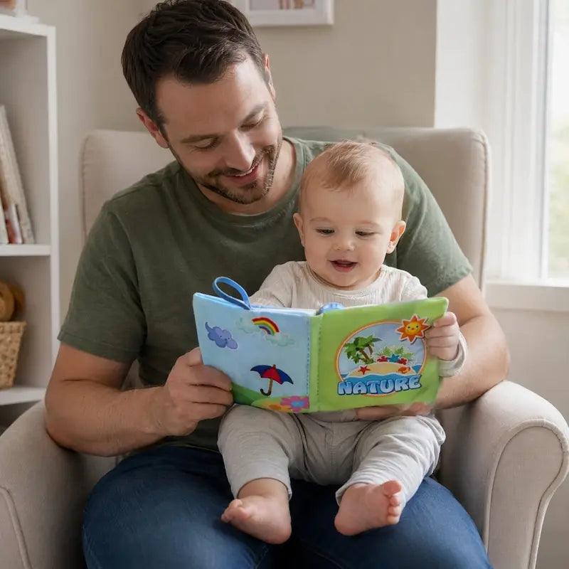 bébé assis genou papa canapé regardent livre bebe en tissus