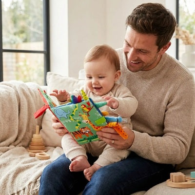 bebe assis genoux papa regarde livre bebe en tissus