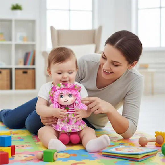 bébé assis joue poupée de chiffon maman allongée derrière bebe