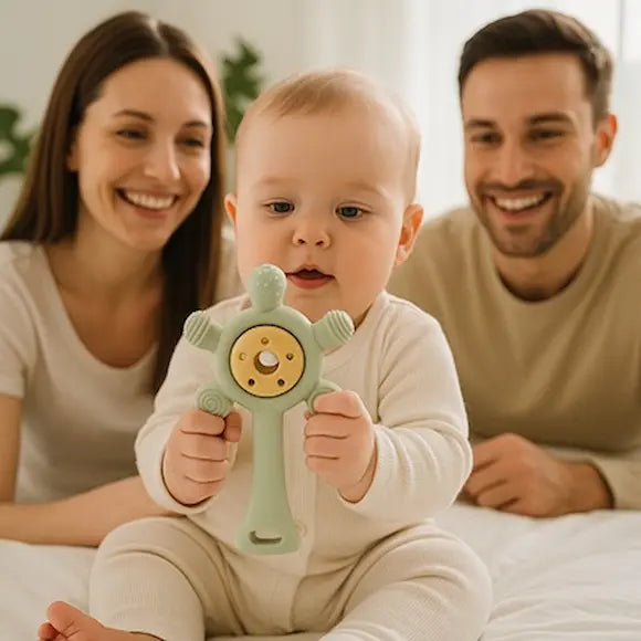 bébé assis lit tient hochet bebe vert