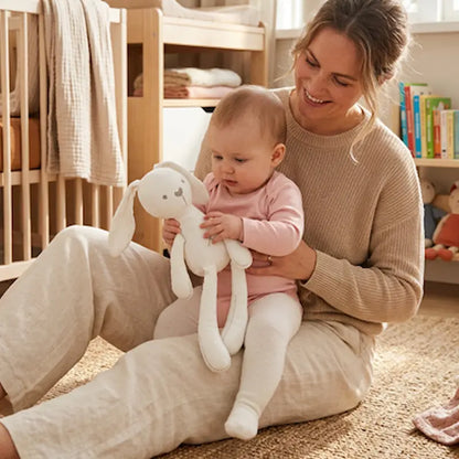 bébé assis maman tapis tient doudou lapin blanc